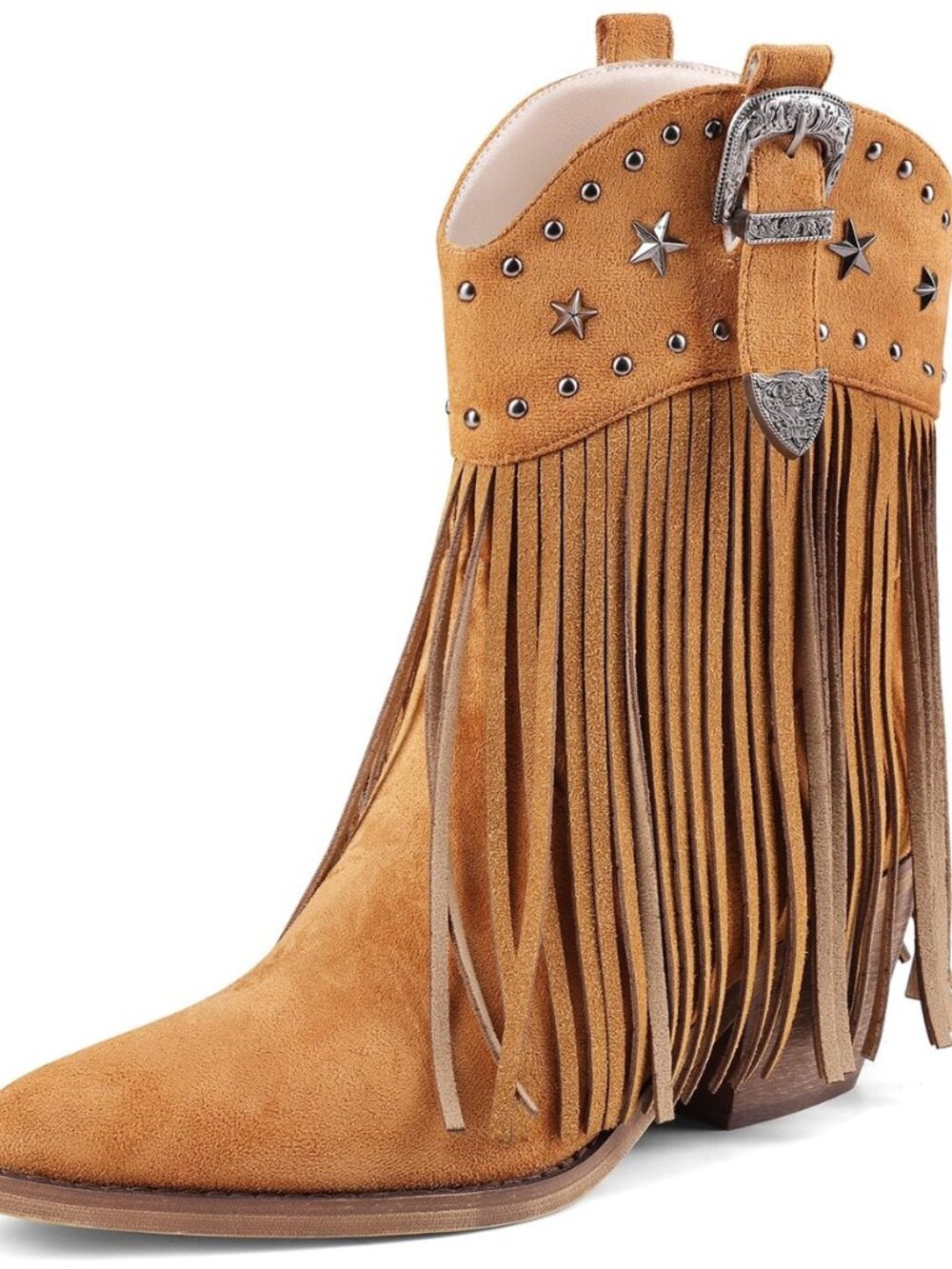 Women Cowgirl Cowboy Boots, Western Ankle Fringe Boots Pointed Toe with Star